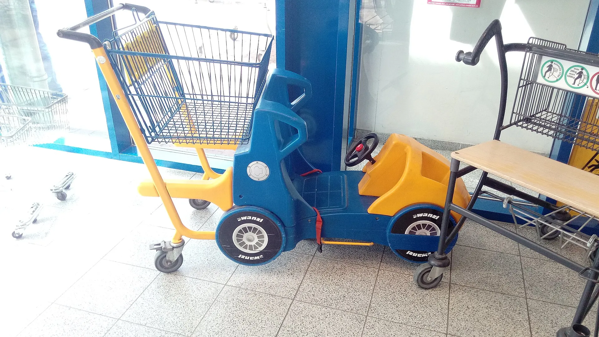 shopping cart with groceries in supermarket